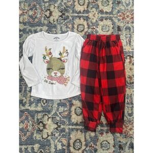 Holiday Time Set Girls 3T White Red Reindeer Buffalo Plaid